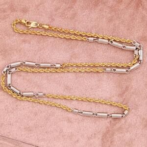 18kt Two Tone Yellow Rope White Bar Station Chain Necklace 17.75"